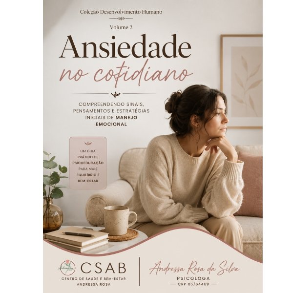 E-book Ansiedade no Cotidiano, material digital sobre saúde mental, pensamentos ansiosos e autocuidado emocional.